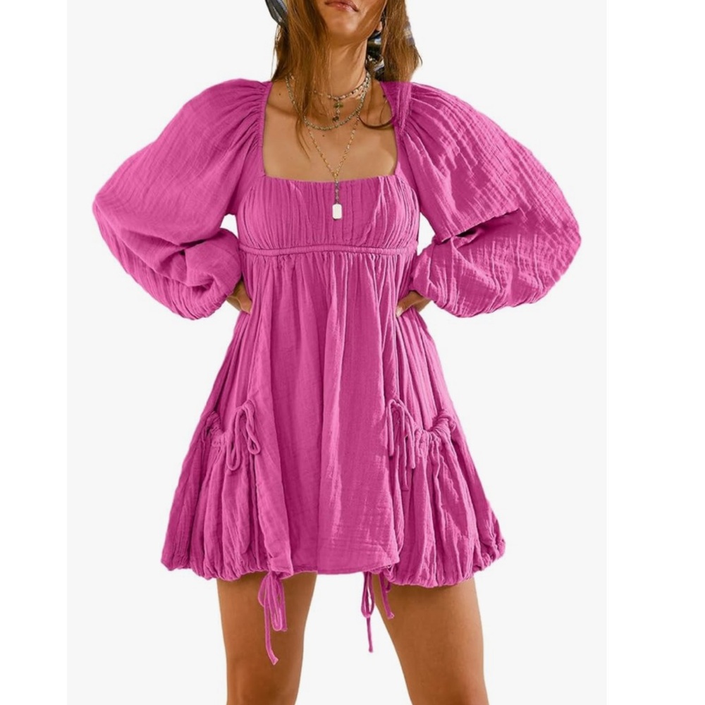 Women’s Pink Peasant Dress with Tie-Waist